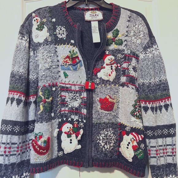 Tiara Sweaters - Tiara Vintage Ugly Christmas Sweater- Snowmen sparkle cardigan women's PL-Holida